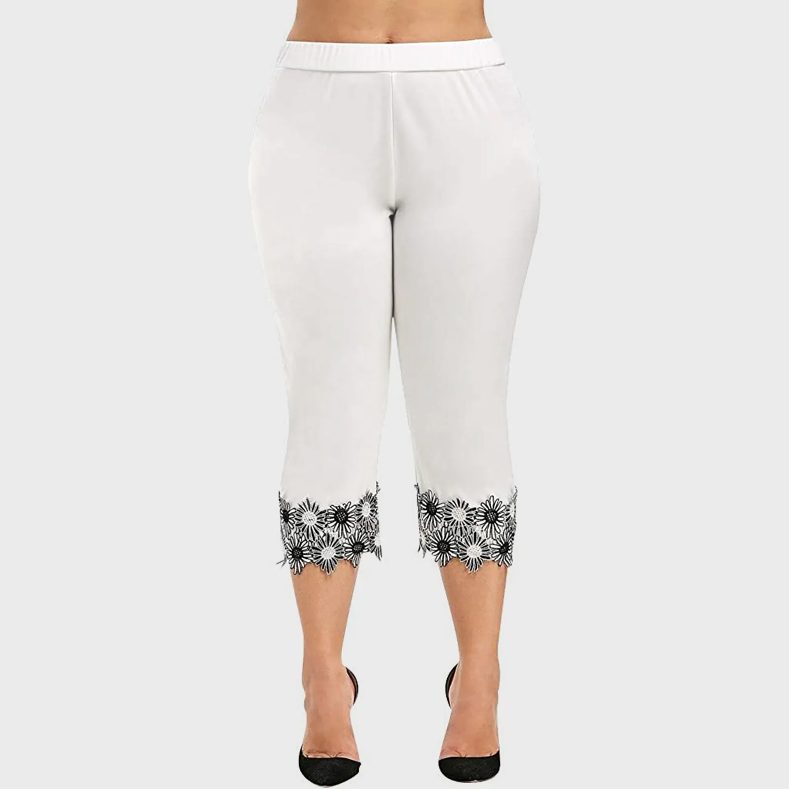 Leggings de yoga amincissants pour femmes, pantalons décontractés, patchwork de documents solides, décor en dentelle, grande taille, été 2024