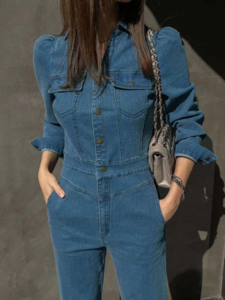ハイウエストロングスリーブデニムジャンプスーツ レディース 薄手モデル 2024年新作 スレコットン ストレートレッグ タイト スリム ワンピーススーツ