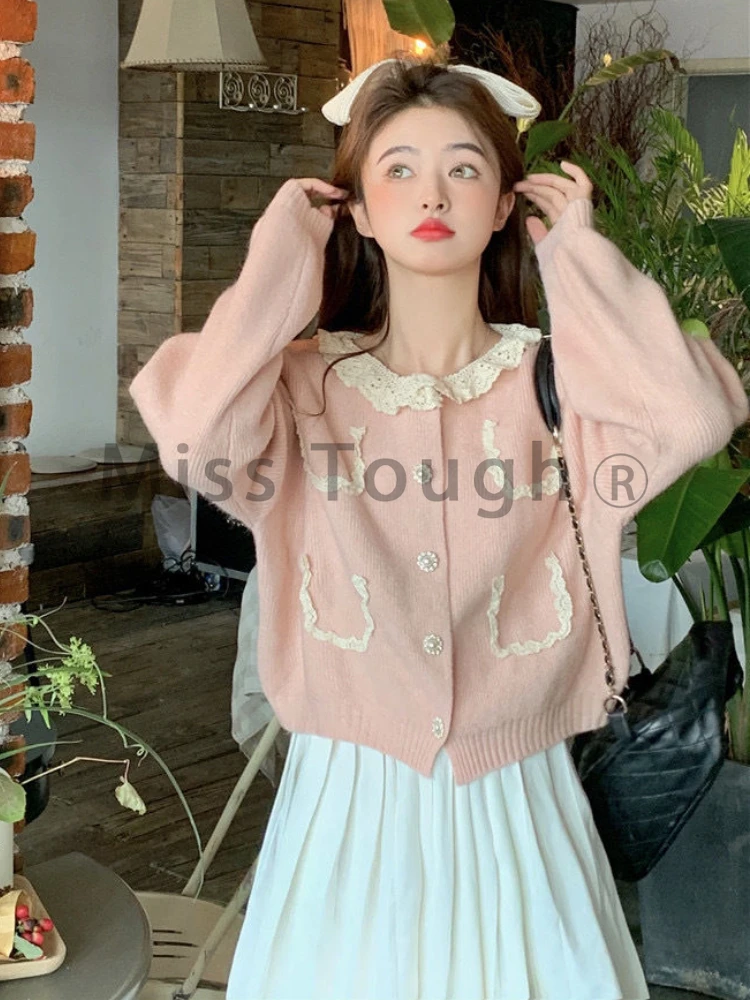 Winter Sweet Knitted Cardigan Women Pink Warm O-neck Vingate Sweater Coat Female Korean Fashion Casual Elegant Clothes 2023 New