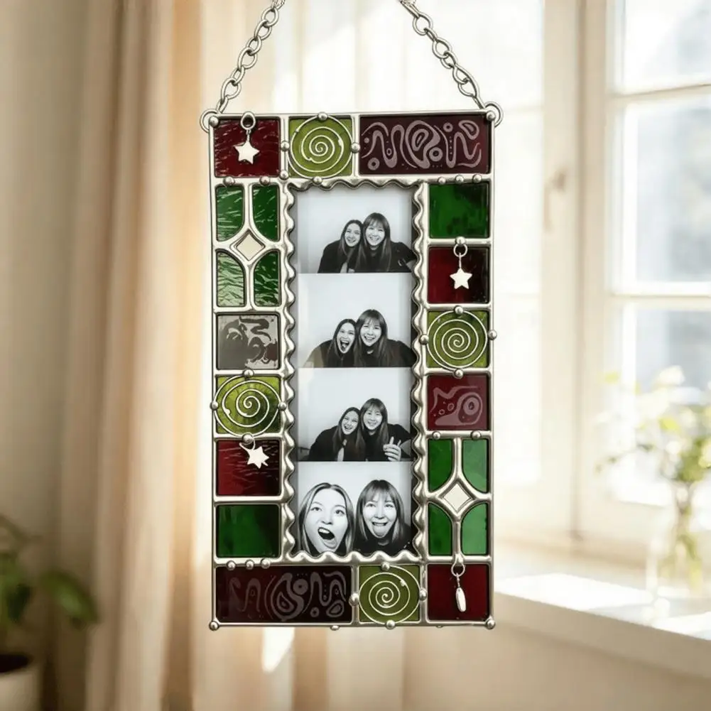 Stained Glass Window Hanging Acrylic Photo Frame Light Catcher with Chain Retro Stained Glass Style Hanging Display for Her