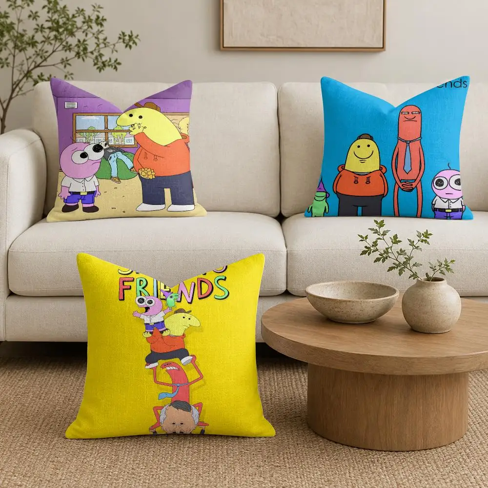 Cartoon S-smiling Friends Cushion Cover Organic Linen Square Pillow Case Durable Non-Allergenic And Kind To Skin