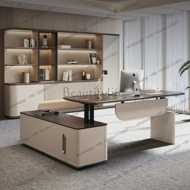 Modern Motorized Sit-Stand Executive Workstation Two-Tone Wood Grain L-Shaped Office Writing Desk with Matching Storage Cabinet