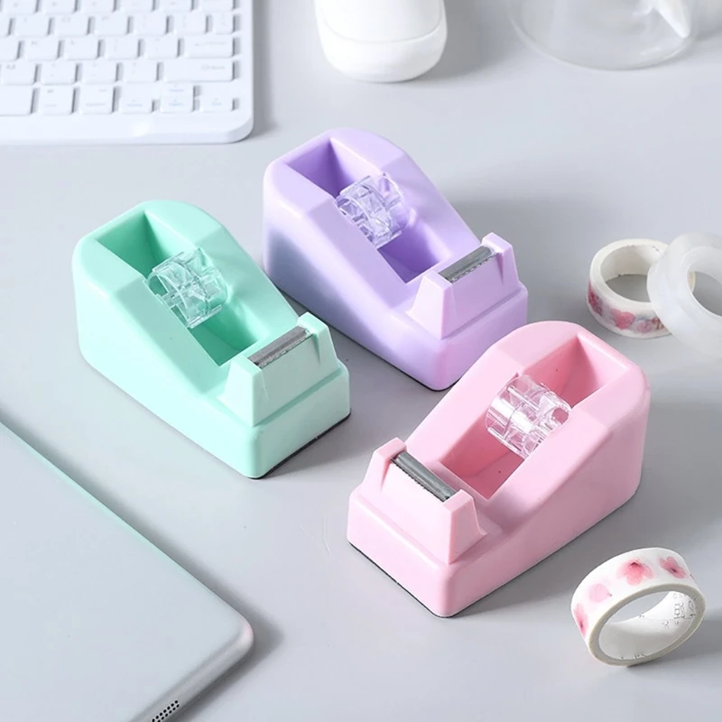 1Pc Solid Color Plastic Tape Dispenser Office Desktop Tape Holder Cutter Office Supplies Random Color