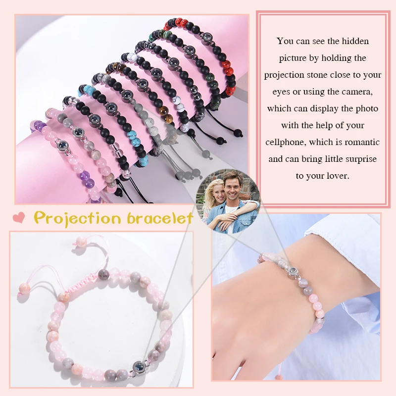 Pulsera de proyección de foto personalizada para pareja, pulseras de cuentas de piedra de cebra de cristal, pulseras de imagen personalizadas,