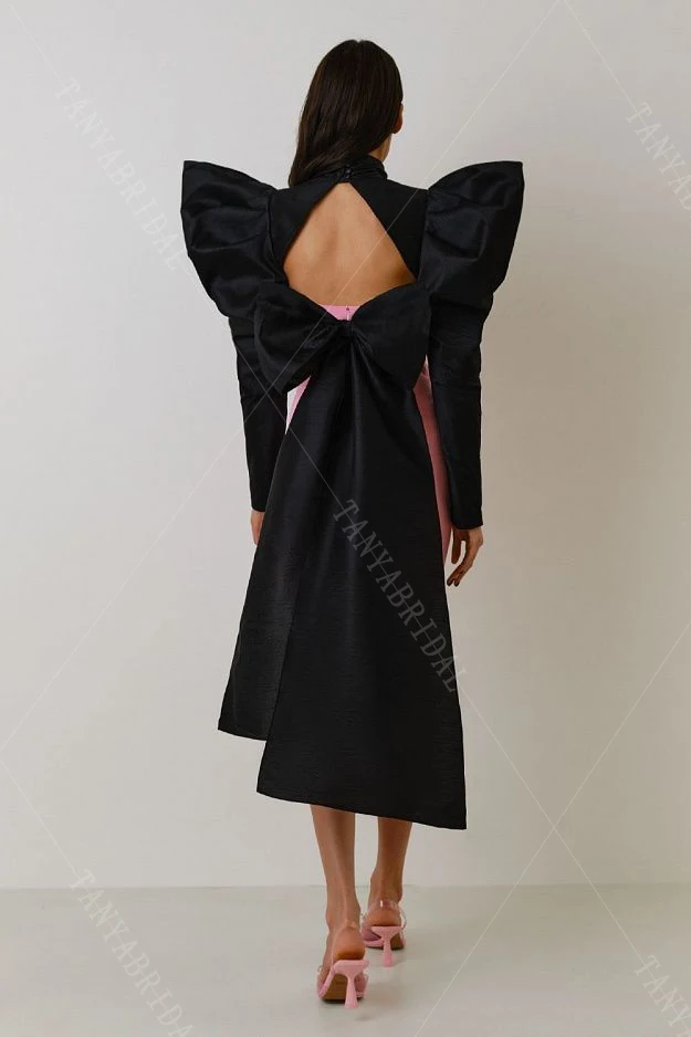 取り外し可能なボレロ付きの黒とピンクのタフタホームカミングドレス。蝶ネクタイ付きの長袖シースフォーマルガウン DE002