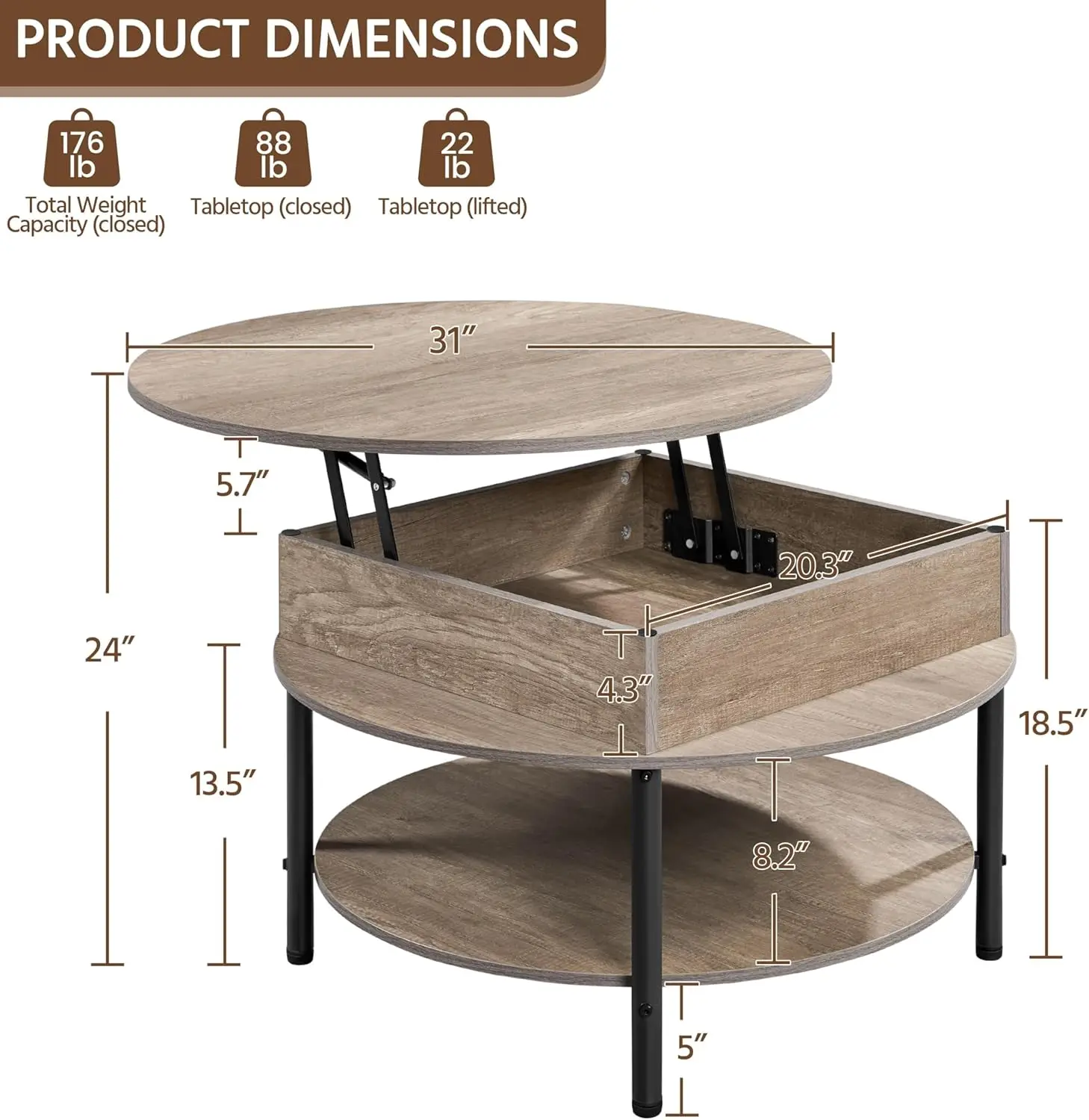 طاولة قهوة مستديرة قابلة للرفع مع حجرة مخفية ورف تخزين، طاولات مركزية لطاولة القهوة في المزرعة مقاس 31 بوصة، طبقتين صغيرة