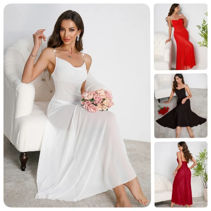 

Сексуальная сетчатая ночная рубашка с металлической цепочкой на плечевом ремне с отложным воротником, длинные ночные рубашки на подтяжках, пижамы размера S, M, L