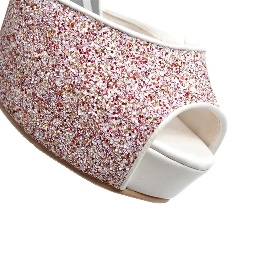 White Wedding Party Women Platform Sandals High Chunky Heels Pink Gold Sequined Cloth Party Office Lady Ankle Strap Summer Shoes view 4