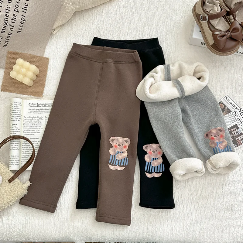 

Girls Fleece Warm Pants2024Autumn and Winter New Cartoon Bear Leggings Single-Layer Fleece-Lined High Elastic Leggings Tide