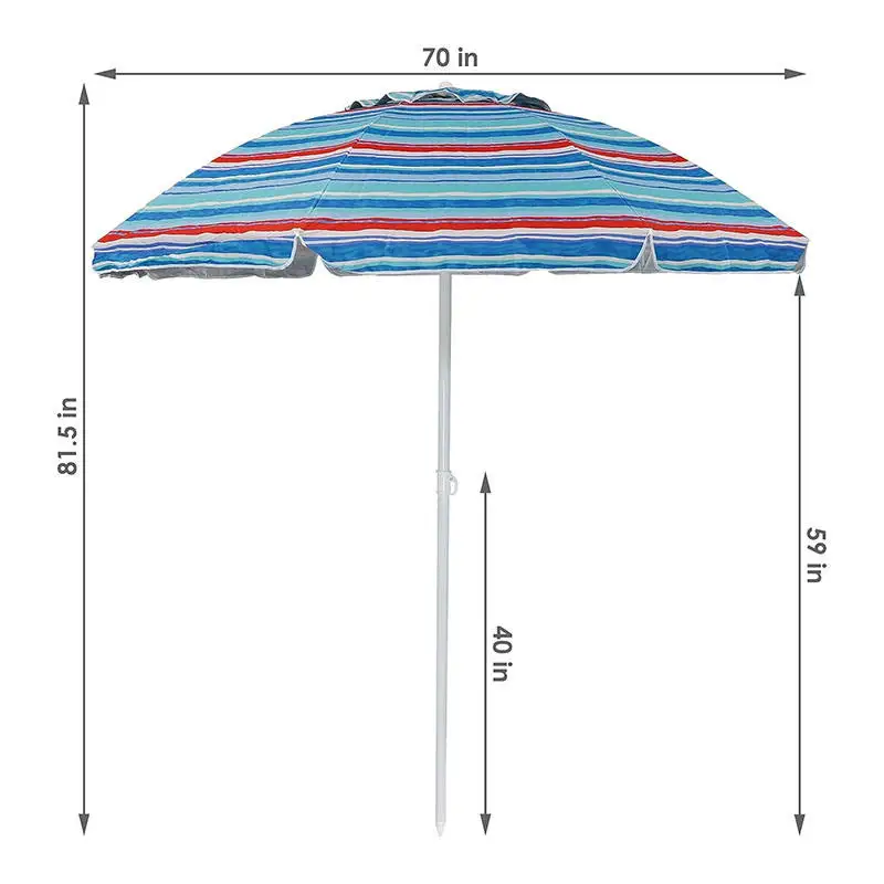 Portable 180cm Polyester Beach Umbrella, Push Button Tilt Outdoor Sun Shade, Custom Stripe Pattern for Travel Picnic