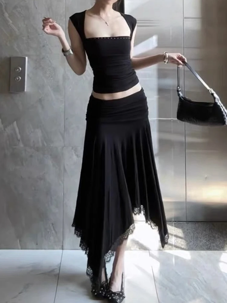 

Kliou Casual Fashion 2Piece Set Woman Rivet Decoration Square Collar Sleeveless Crop Tops+Lace Patchwork Long Skirt Elegant Suit