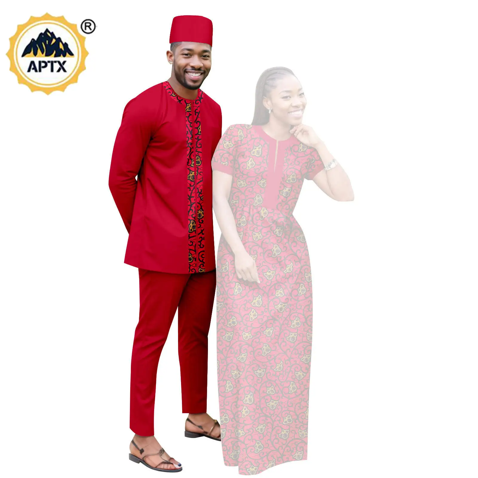 Dashiki African Clothes Print Long Dresses for Women Matching Couple Outfits Bazin Riche Men Hat Top Tee and Pant Sets Y23C119