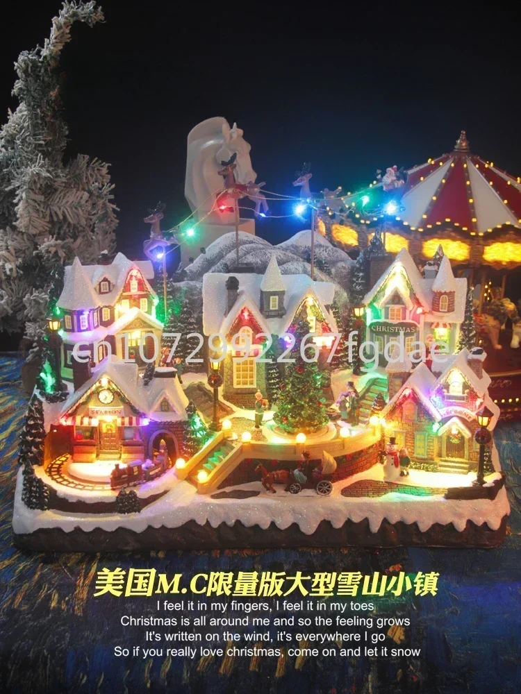 Christmas Gift Elderly Snowy Mountain Light Train Large Collection Music Box Decoration