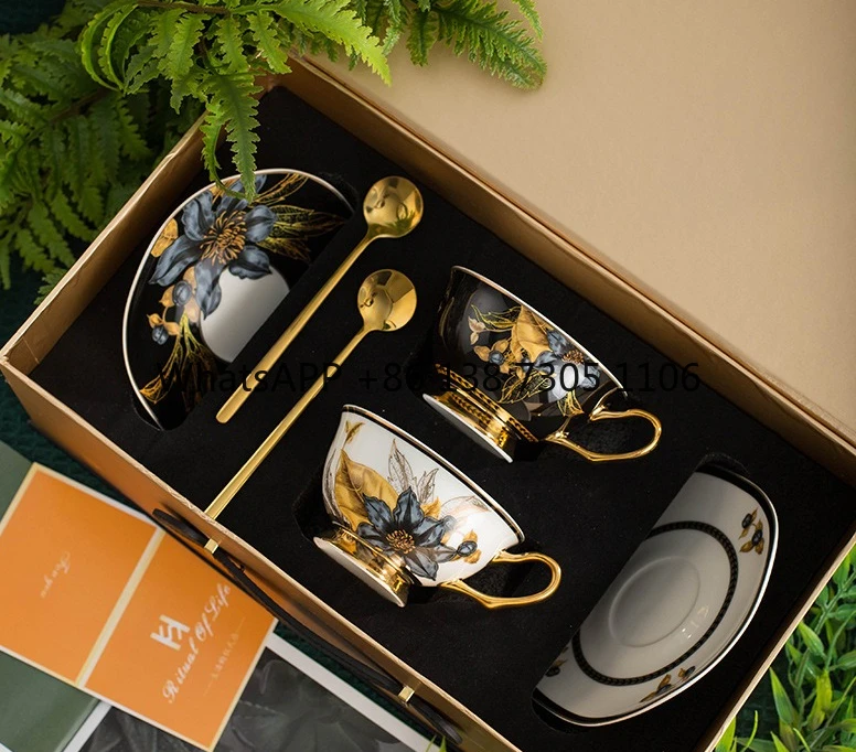 

Retro light luxury bone china coffee cup saucer premium gift box set ceramic pair cup water cup afternoon teacup gift