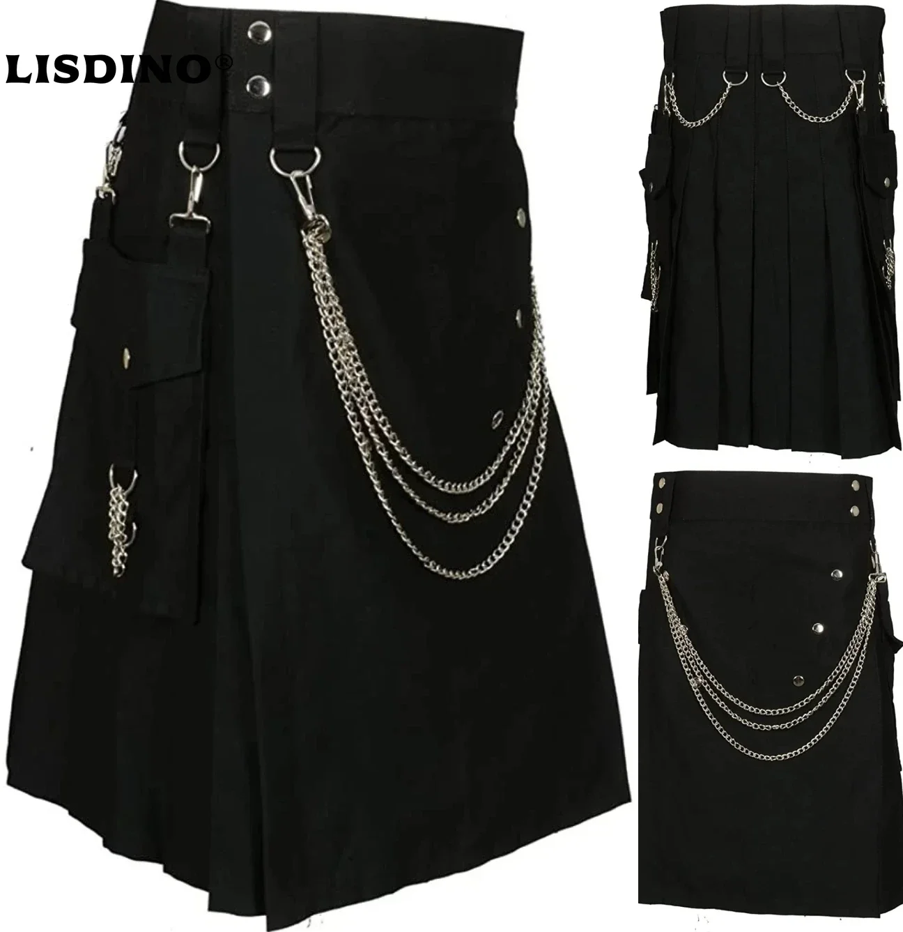 

1Mens Skirt Vintage Kilt Scotland Gothic Punk Fashion Kendo Pocket Skirts Scottish Black Fashion Utility Kilt With Silver Chains