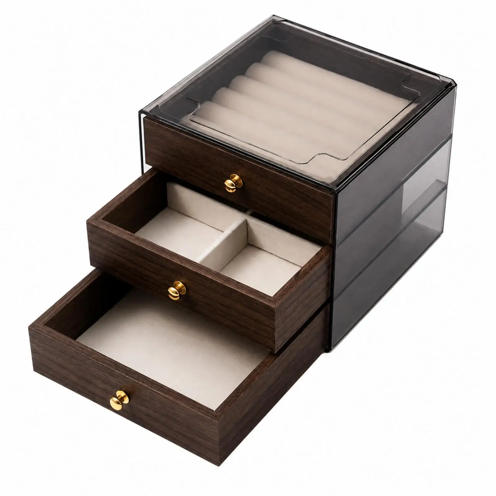 Tabletop Jewelry Box Organizer Cabinet with Gold Knob Drawers Beige Lining for Rings Earrings and Small Keepsakes