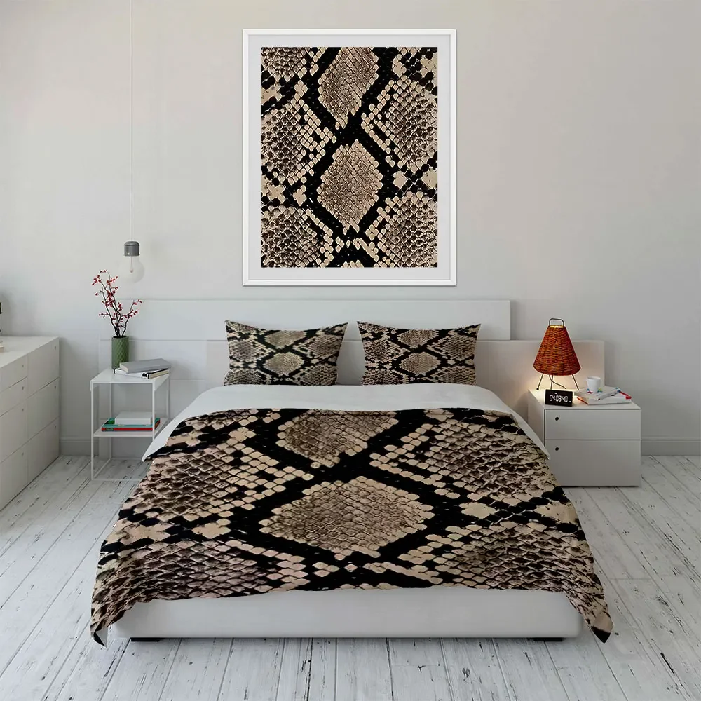 

3Pcs Snake Skin Print Bedding Set, Brown Black Python Scale Pattern Duvet Cover + 2 Pillowcases, Luxury Animal Print Decor