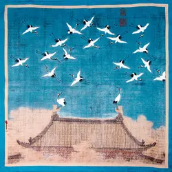 53cm 100% Pure Silk Bandana Female Hair Scarf Chinese Painting Cranes Handkerchief Natural Silk Women Headband Men Pocket Square