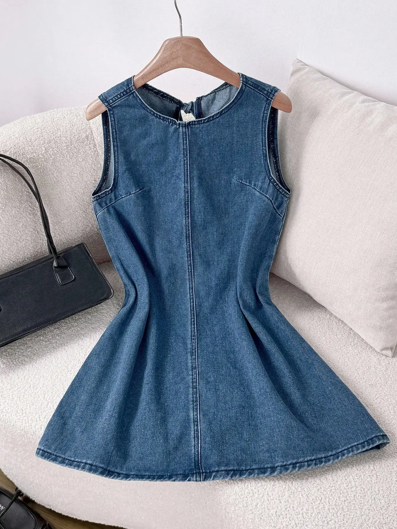 

Blue Sleeveless A-Line Denim Mini Dress For Women, Casual Summer Spring Outfit