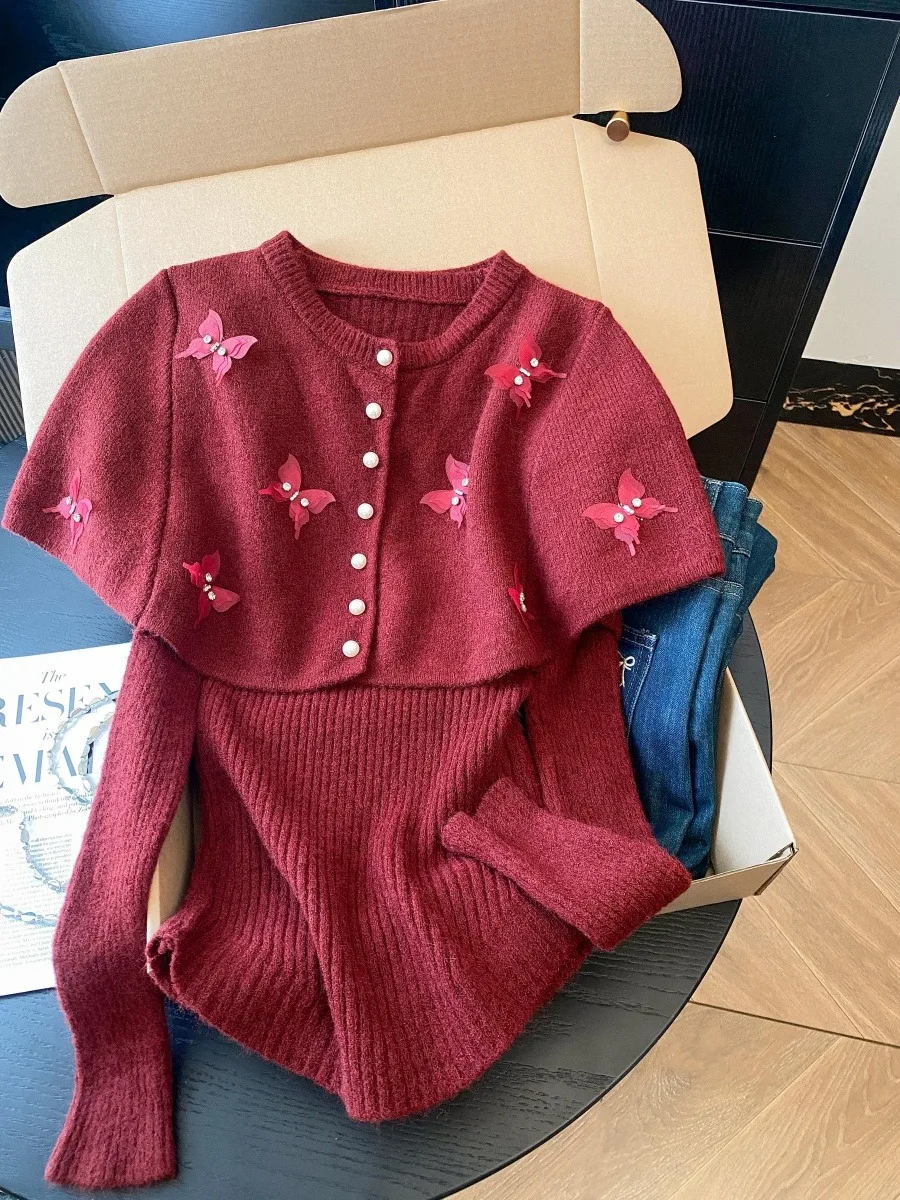 

Thiened Red Knitted Cowl Ne Sweater Women's Autumn Winter Knot Pearl Embellied Wrap oulder Top Warm Faion