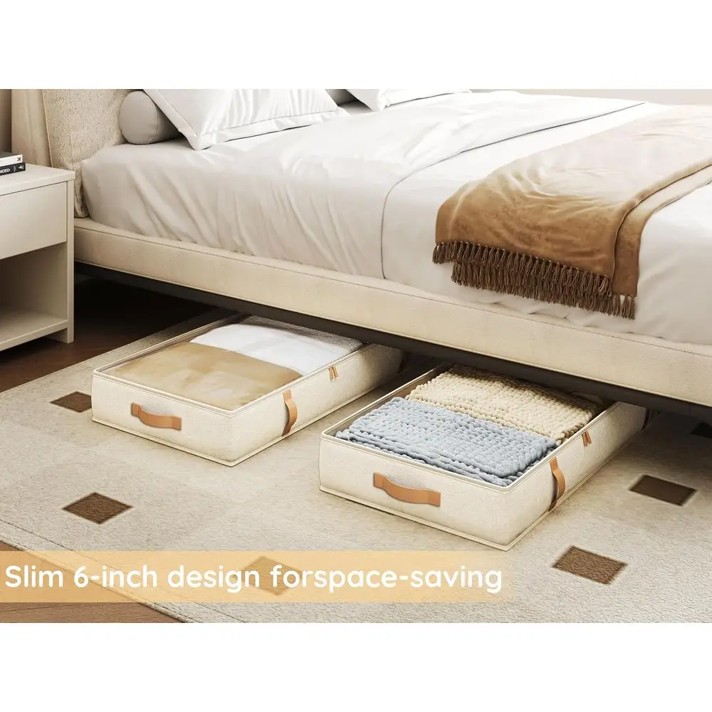 حاويات تخزين باللونين البيج والبني سعة 60 لترًا مع مقابض جلدية للسرير تحت السرير والملابس والأدوات الموسمية