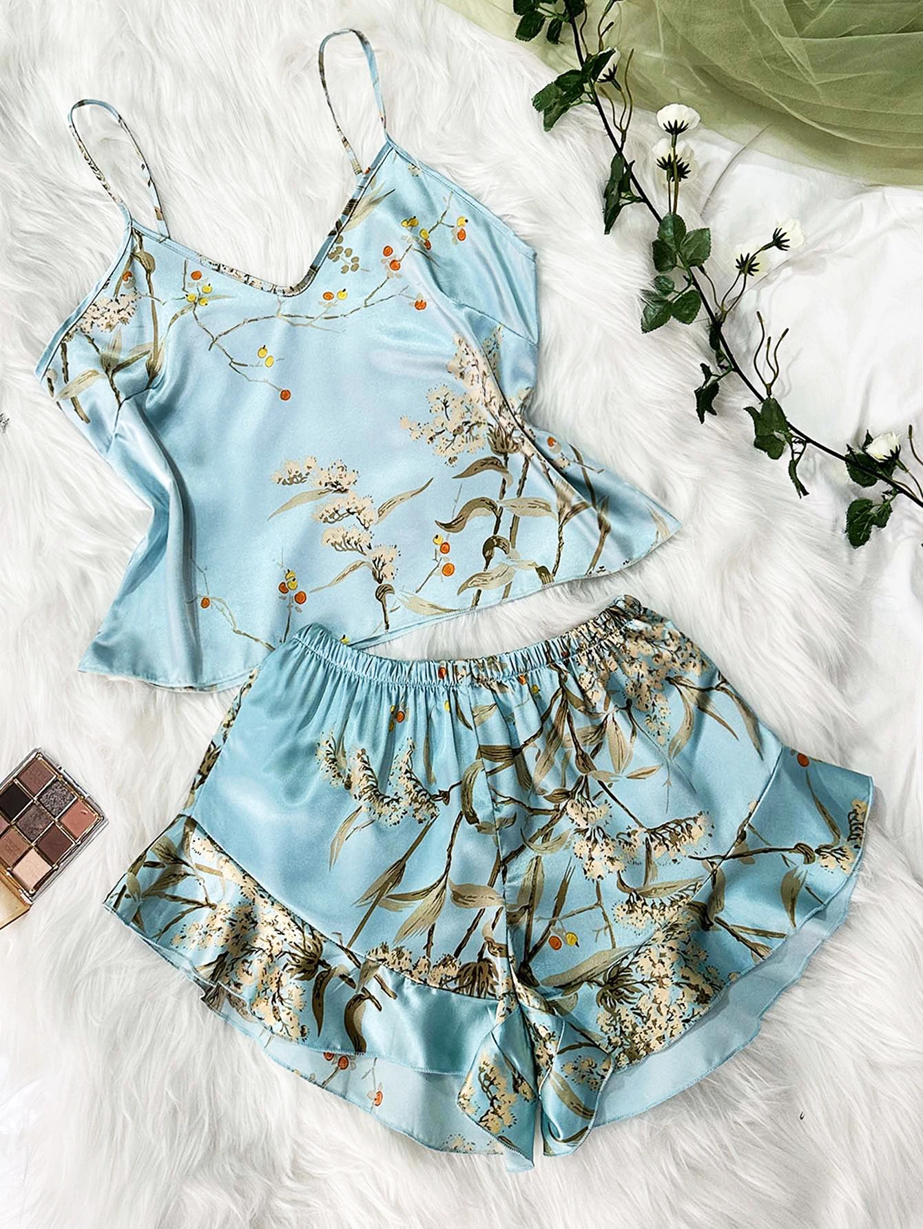 Spring summer imitation silk pajamas two-piece sleeveless fashion printed shorts Home suit sexy halter shorts