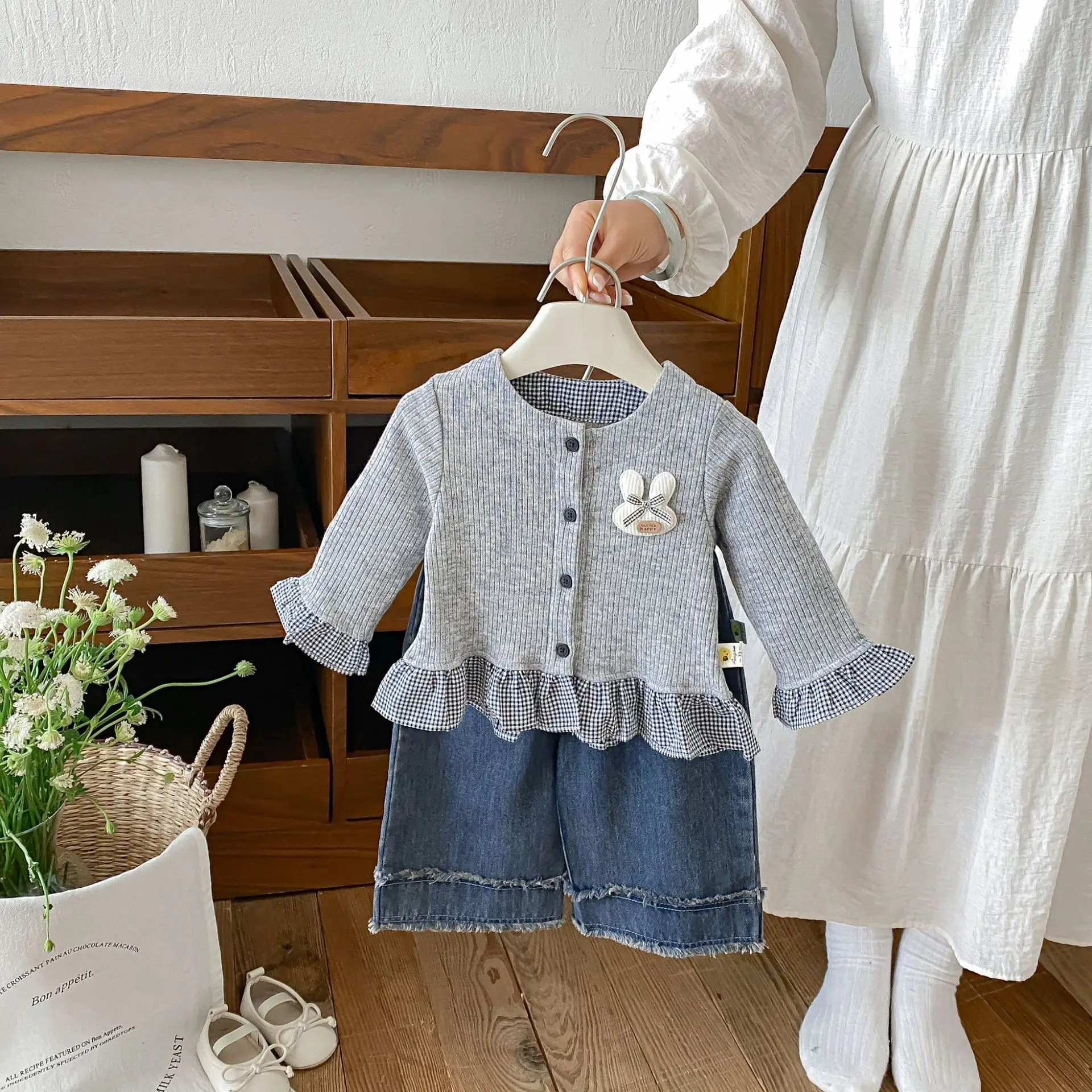2026 Autumn New Baby Long Sleeve Splicing Plaid Coat Solid Girls Cute Cartoon Knitted Cardigan Infant Toddler Clothes