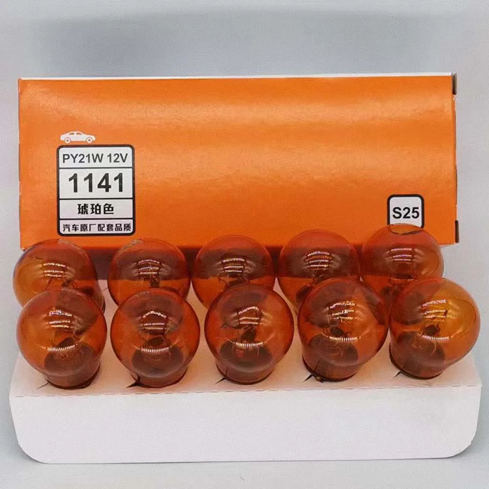 HoneyFly 10pcs Amber Turn Signal Lamp Bulb 12V PY21W BAU15S S25*48mm 1141Y Clear Machine Tool B15S Wire Lighting Car Motorcycle