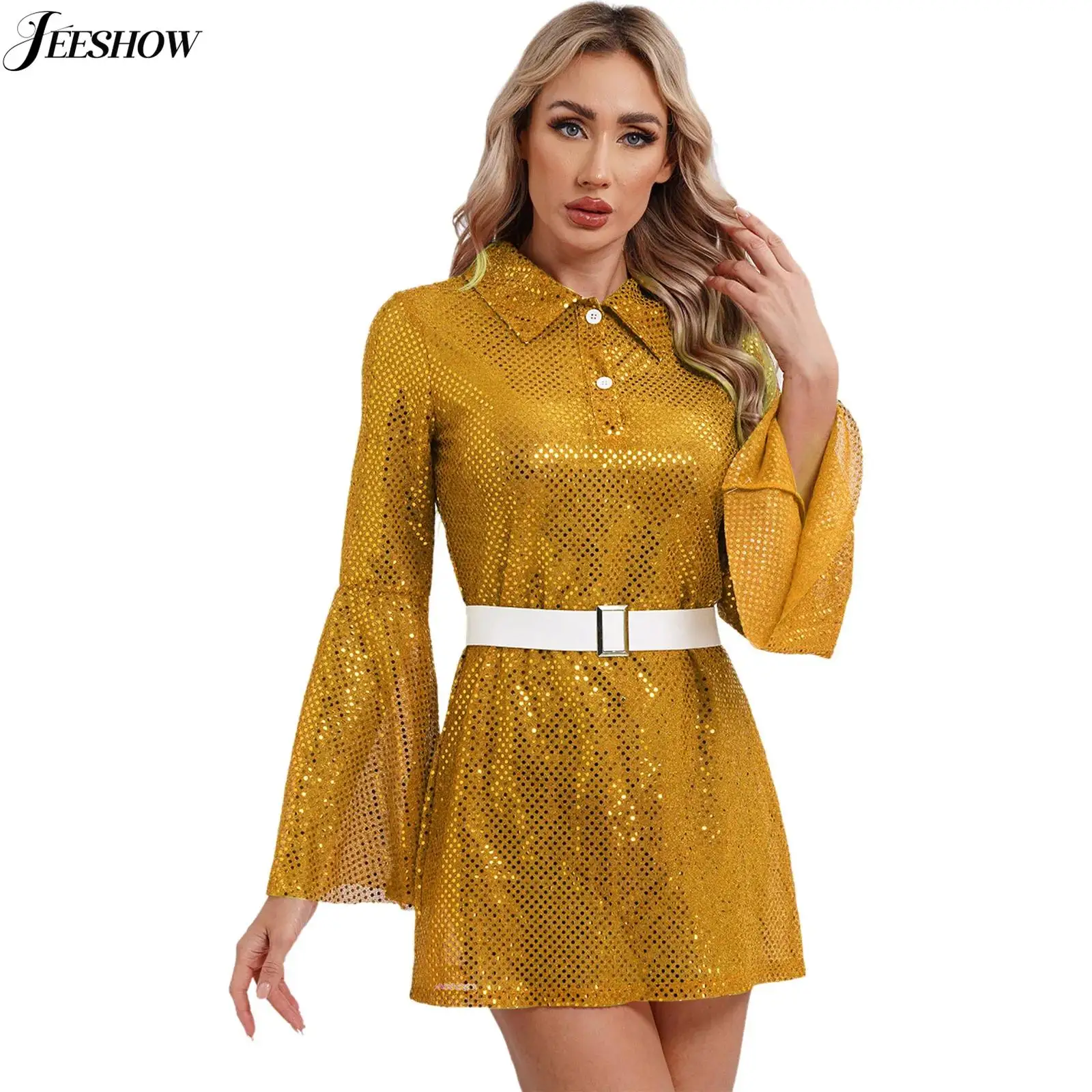 Women Sparkly Sequin Mesh Shirt Dress Vintage Disco Dance Outfits Turn-Down Collar Flare Long Sleeve A-Line Mini Party Dress