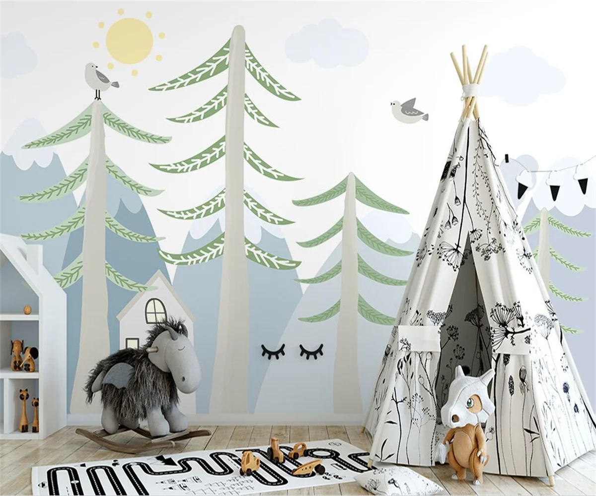 Custom wallpaper mural Nordic hand-painted cartoon woods small house children's room interior background wall 3d wallpaper