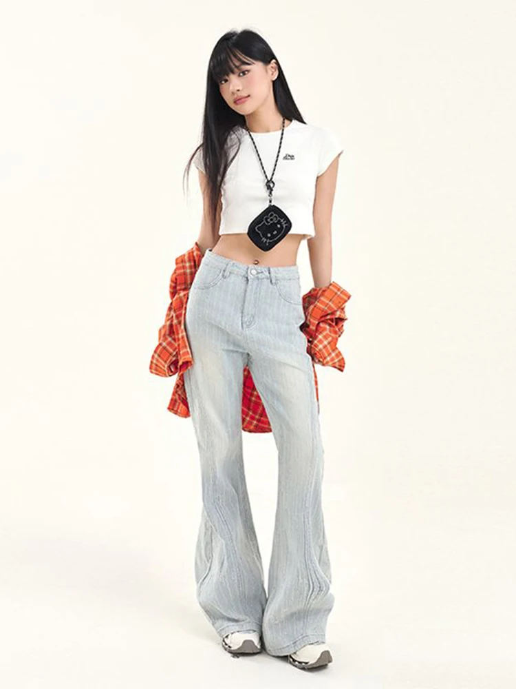 WCFCX STUDIO Fashion Niche Design Jeans Women Vintage Y2k Straight Wide Leg Jeans Casual Versatile Denim Pants