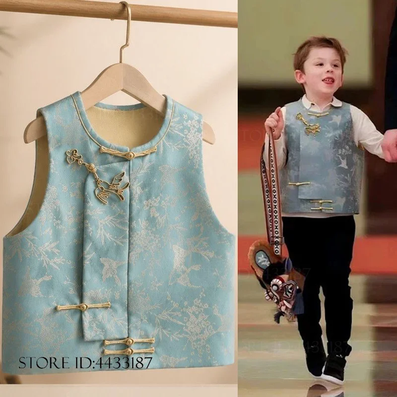 

Traditional Children's Vest New Chinese Style Jacquard Tang Clothes Tops Vintage Handmade Buckle Sleeveless Jacket Coat Outwear
