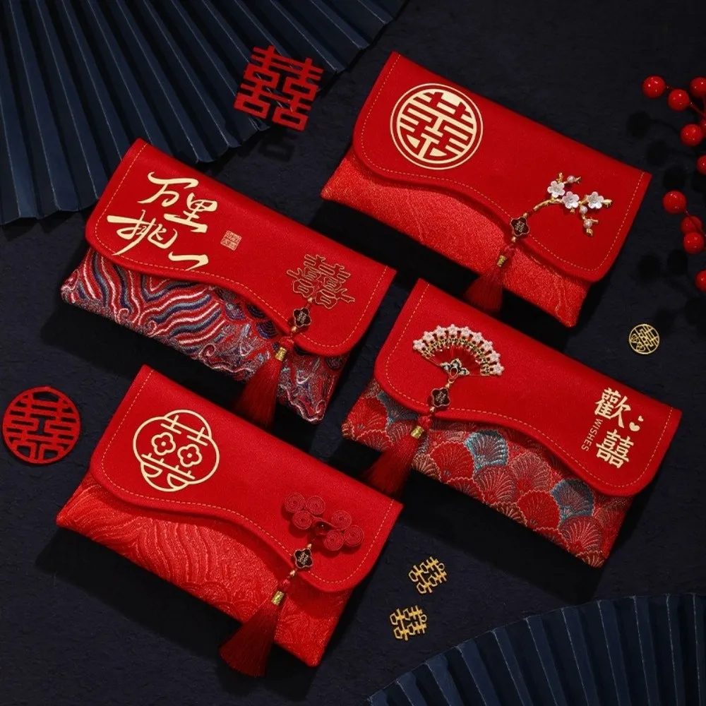 Traditional Red Envelope Best Wishes with Tassel Wedding Envelope Multiple Patterns Handmade Red Lucky Bag Traditional Gift