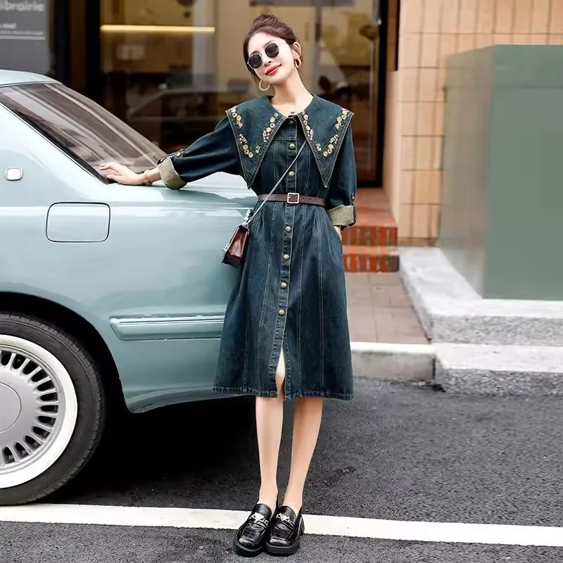 Autumn Denim Dress Women Retro Embroidered Long Sleeves Jeans Dress Ladies Doll Collar Dress New High-end Exquisite Denim Dress