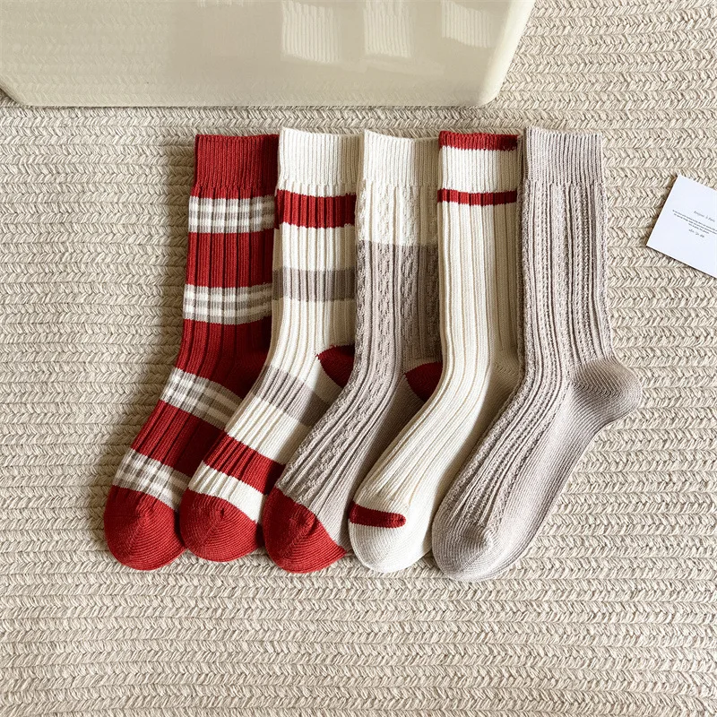 

Women'S Socks Mid Calf Cotton Socks For Women Red Stripe Stocking Vertical Stripes Women'S Stockings New Year Christmas Leisure