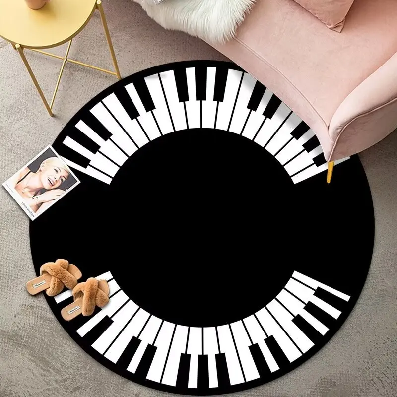 Modern Minimalist Black & White Round Rug – Piano Keyboard & Record Print Mat for Living Room & Bedroom