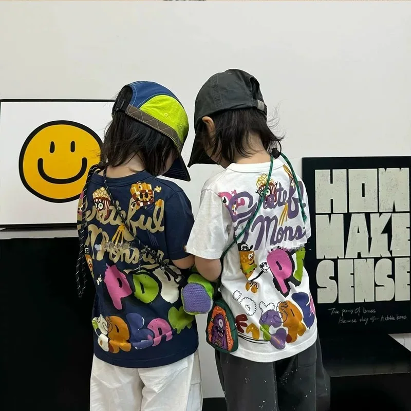 2025 Nowa Japońska Śliczna Kreskówkowa Koszulka z Krótkim Rękawem dla Dzieci z Nadrukiem Liter, Modna, Uniwersalna, Codzienna, Bawełniana