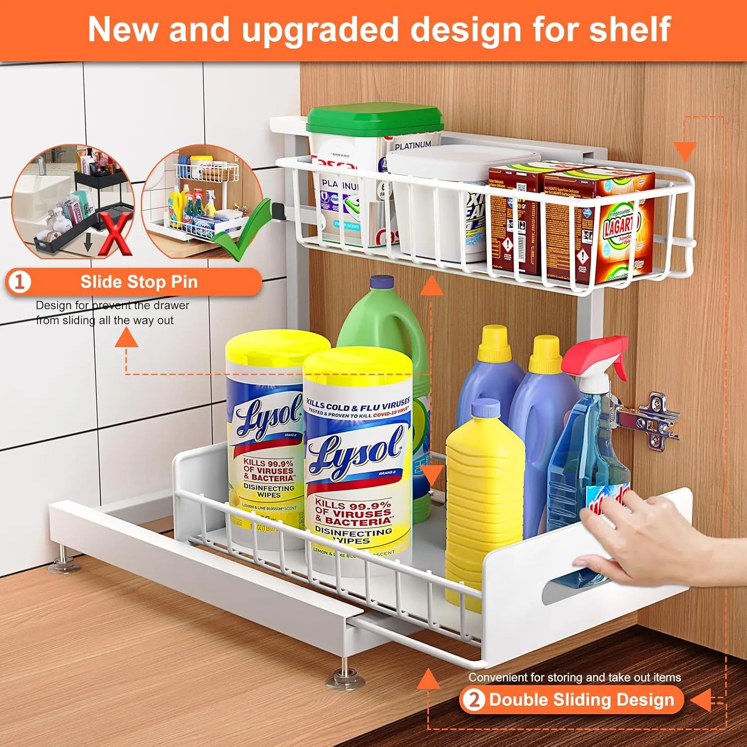 2 Pack Under Sink Organizer, Pull Out Cabinet Organizer 2 Tier Slide Out Sink Basket Drawer Sink Shelf Cabinet Storage Shelves