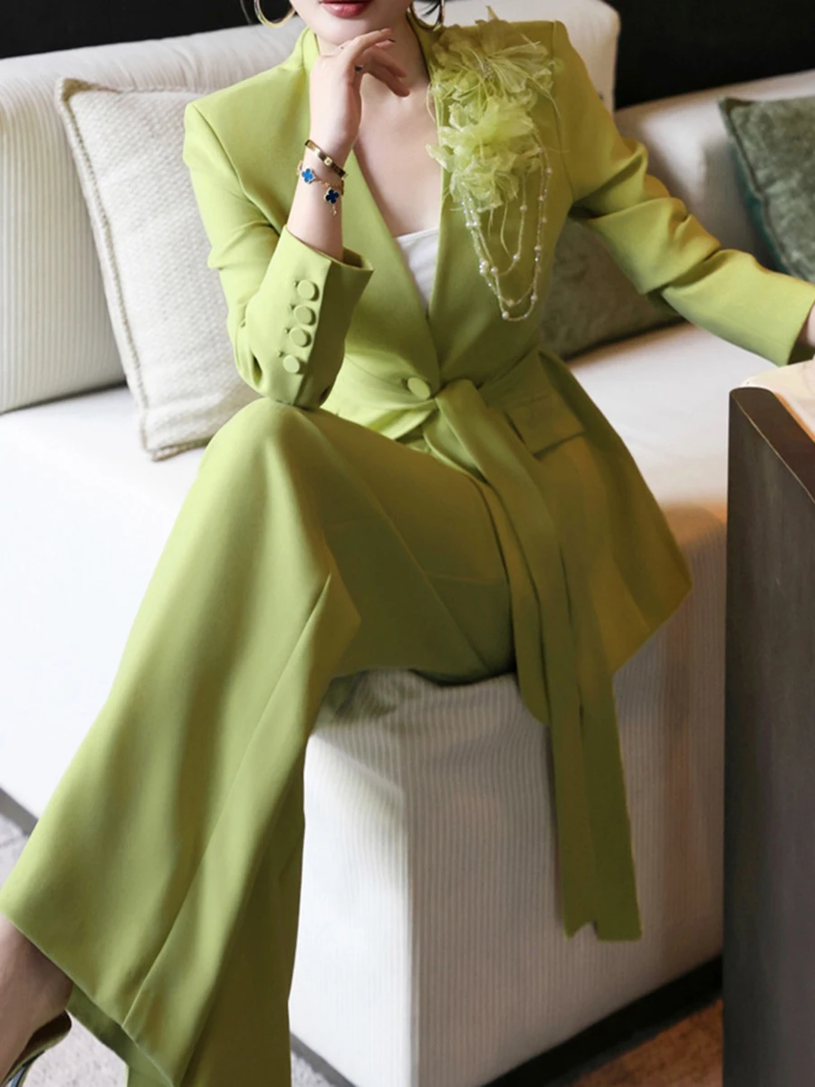 Twotwinstyle temperamento conjuntos de duas peças para mulheres com decote em v mangas compridas emendado 3d flor blazer perna larga calça conjunto roupas femininas