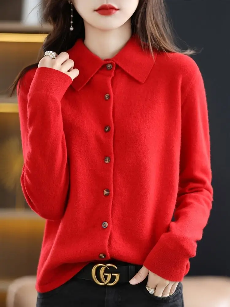 Autumn Knitted Woolen Cardigan  Collar Open Front Coat for Women Brand Label Removed Comfortable Long Sleeve Loose Fit