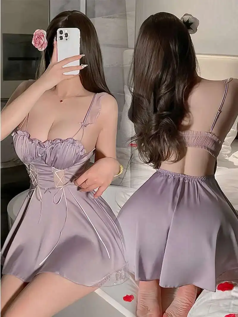 New Nightgowns Summer Satin Charming Lingerie Sleepwear Leisure Cami Slip Dress Nightwear Women Sexy Sleeveless Nightdress VJ47