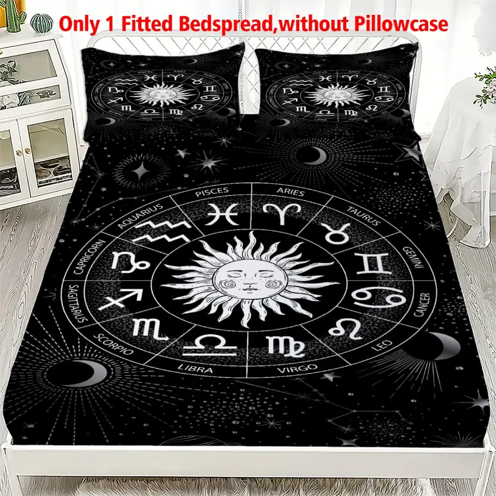 1pc Zodiac Wheel Sun & Moon Print Fitted Sheet Deep Pocket Elastic Mattress Cover Single Double Queen King Bedroom Decor