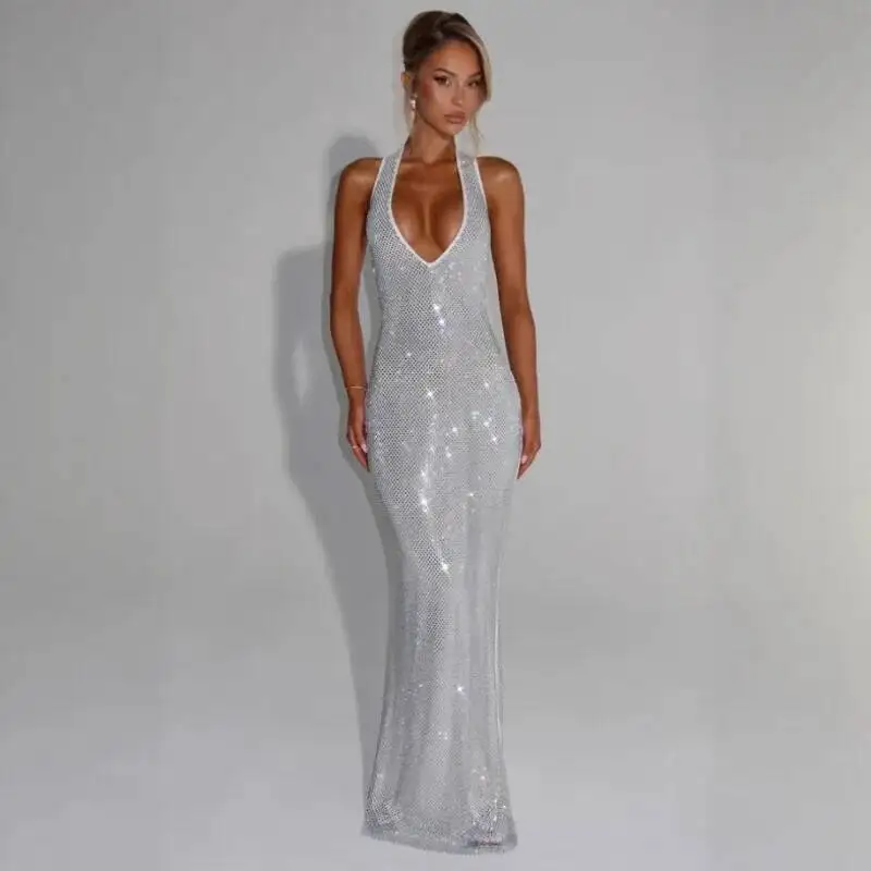 

Sexy Deep V Neck Mermaid Cocktail Dress for Women Elegant Sleeveless Backless Sequins Slim Guest Evening Floor Length Dress Gown
