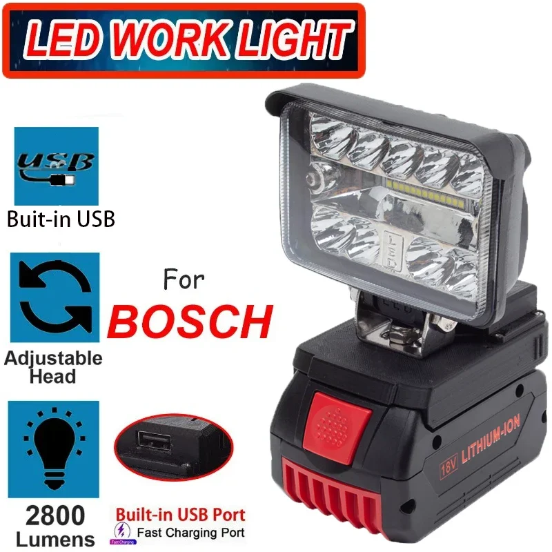 Luz de trabalho led portátil para bosch 18v bateria li-ion portátil sem fio led luz de viagem em casa com porta de carregamento usb