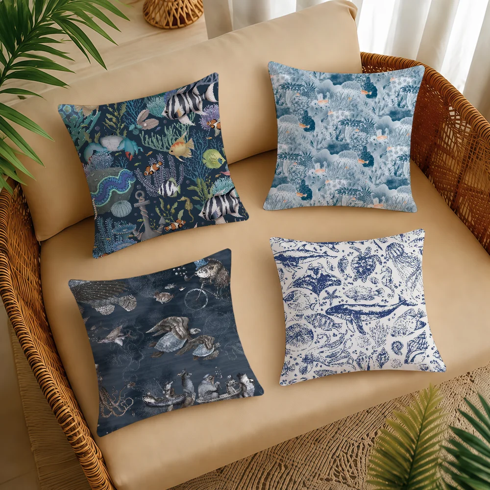 Navy Blue Marine Life Cool Cushion Cover Square Decorative Throw Pillow Case Sofa Bed Living Room Anniversary Gifts