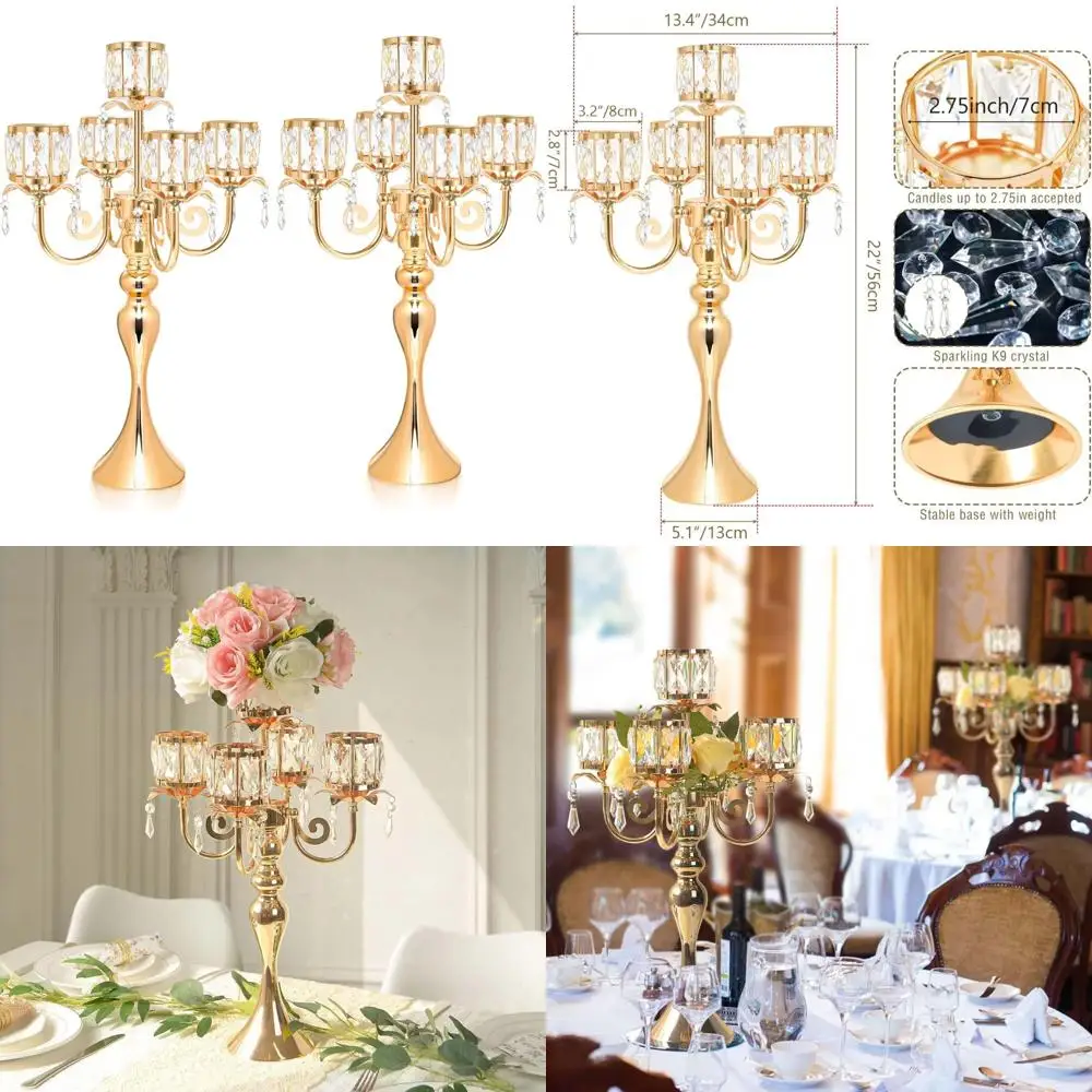 

Elegant 5-Arm Square Crystal Table Decor Candle Holder, 22 Inch Classic Centerpiece for Atmosphere