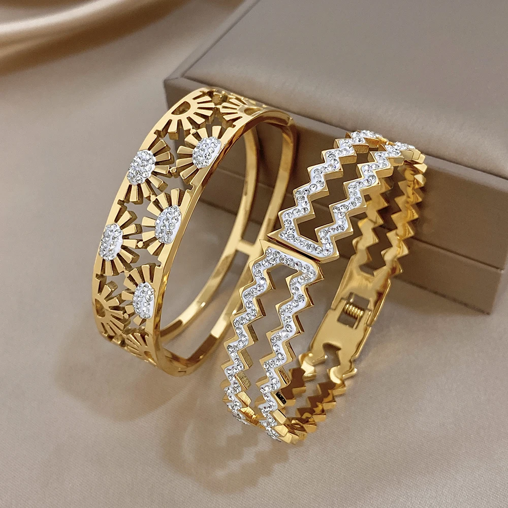 New Gold Plated Stainless Steel Hollow Sun Wave Zircon Bangle For Women Open Cuff Bracelet Fashion Waterproof Jewelry Gift