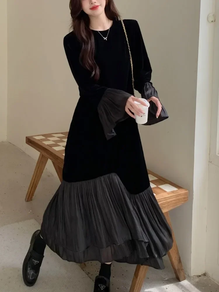

Autumn Black Patchwork Velvet Midi Dress Women Mermaid Flare Long Sleeve O-neck Pleated Vestidos Elegant Holiday Party ClothingL