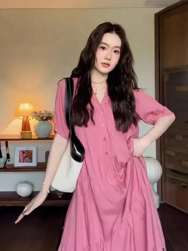 

plus Size Women's Sweet Sle Pink ort Sve Dr Summer Versatile Large Swing Long Skirt A-Line Korean Sle Casual Wear