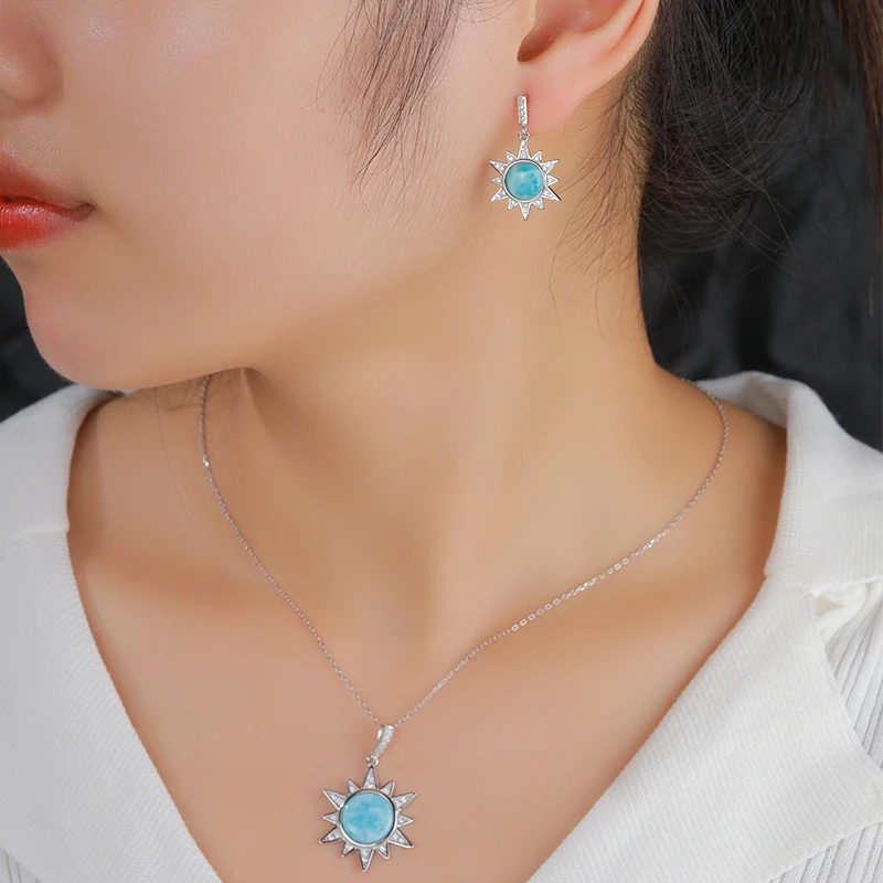 XYOP Natural Larimar Blue Bright Sun Earrings Burning Christmas, Warm For Love, Warm Winter Praise